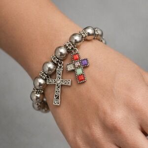 Silver Tone Cross Charm Bracelet Stretch Beaded Religious Faith Jewelry Colorful
